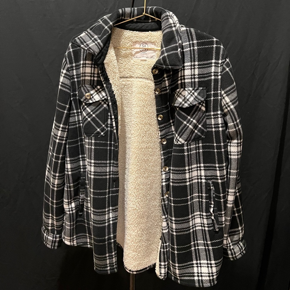Black and White Plaid Sherpa-Lined Jacket